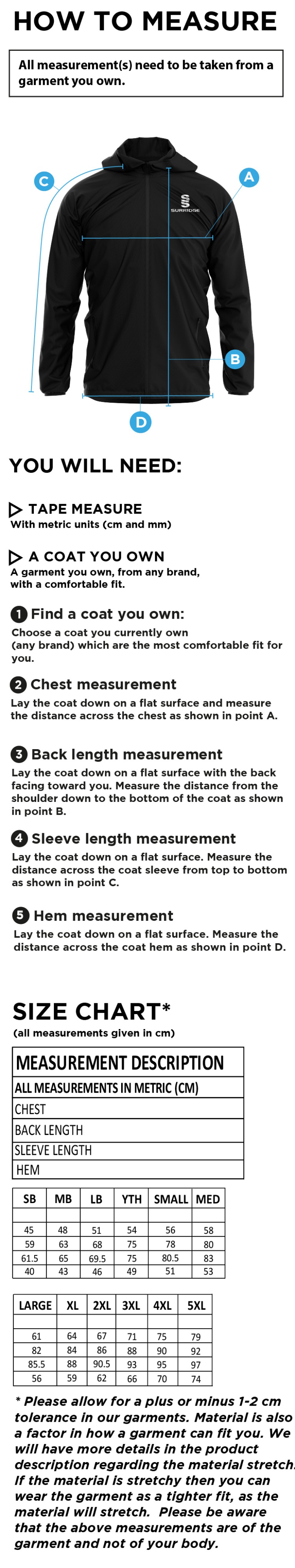 Dual Full Zip Training Jacket - Unisex Fit - Size Guide