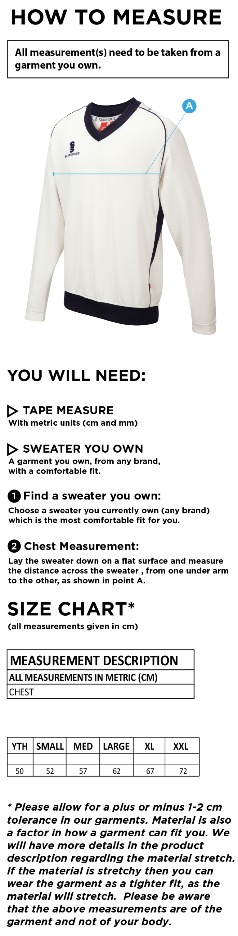 Castletown CC - Long Sleeved Sweater - Men's Fit - Size Guide