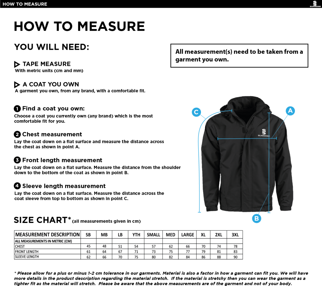 Dual Fleece Lined Jacket - Unisex Fit - Size Guide